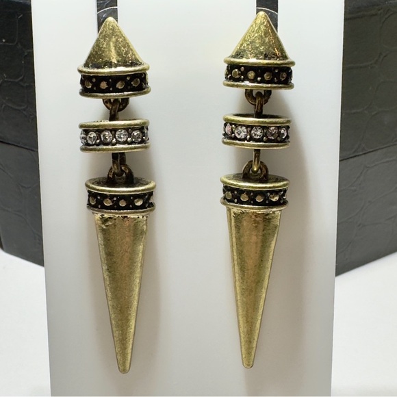 Antique Gold Spike Drop Statement Earrings. Post stud Dangle. Unique & Fun! - Picture 2 of 8